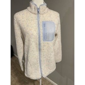 Talbots Front Zip Fleece Sweater Jacket Womens Small Cream EUC